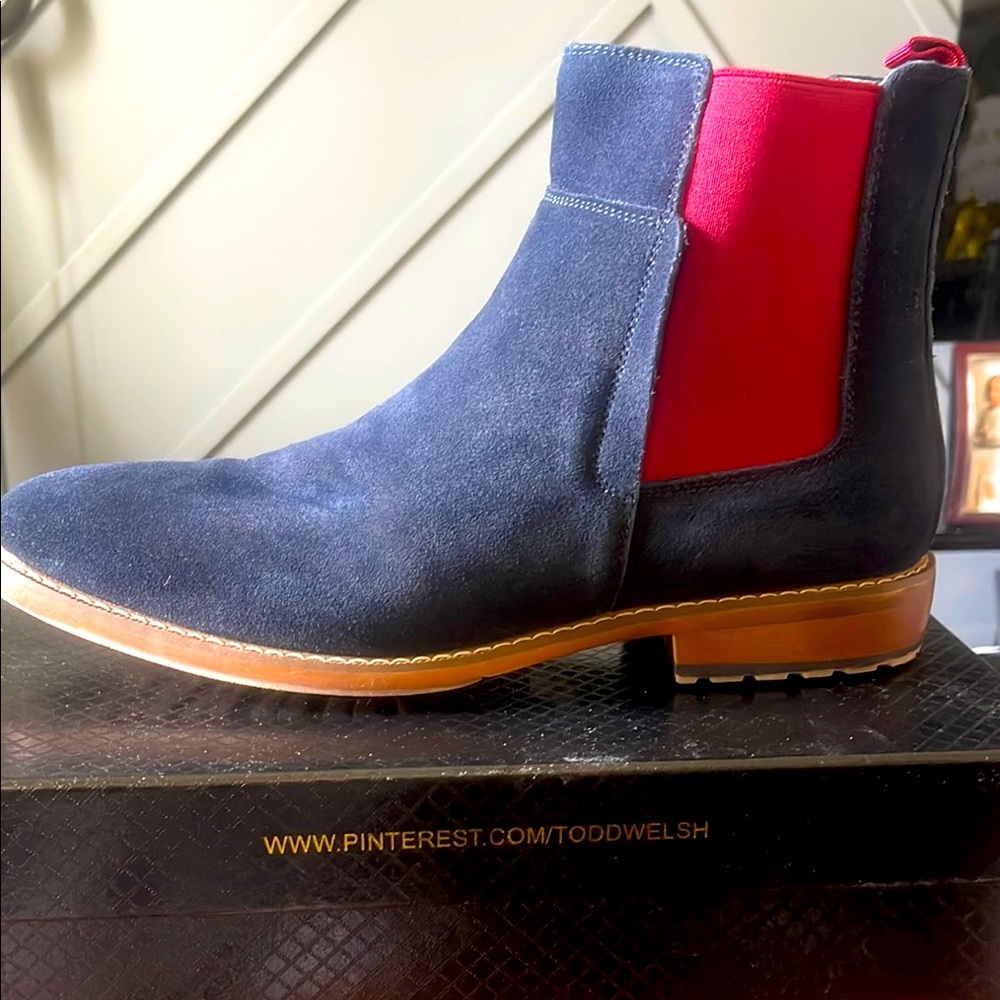Blue and Red Chelsea Boots with Suede Upper and Elastic Panel